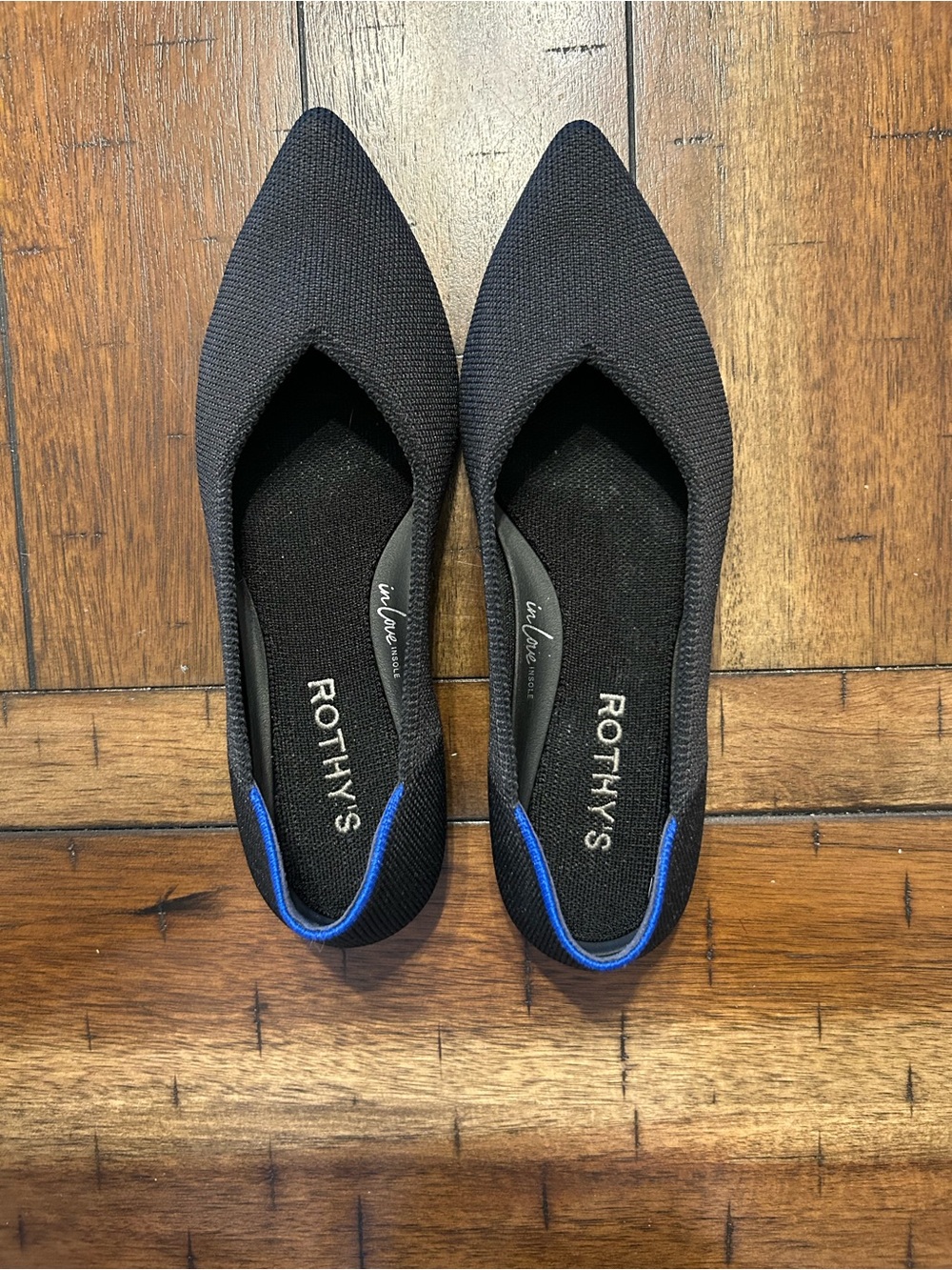 Rothy's Women's Black Pointed Flat with Blue Trim Size 5